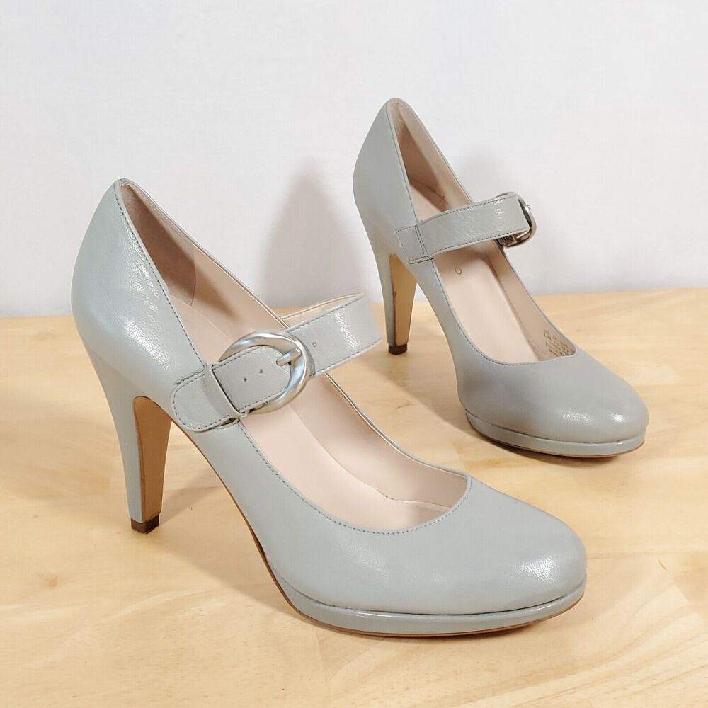 Franco Sarto NUVO Leather Platform Pump Shoe Gray 8.5 Round Toe 4” Heel Buckle